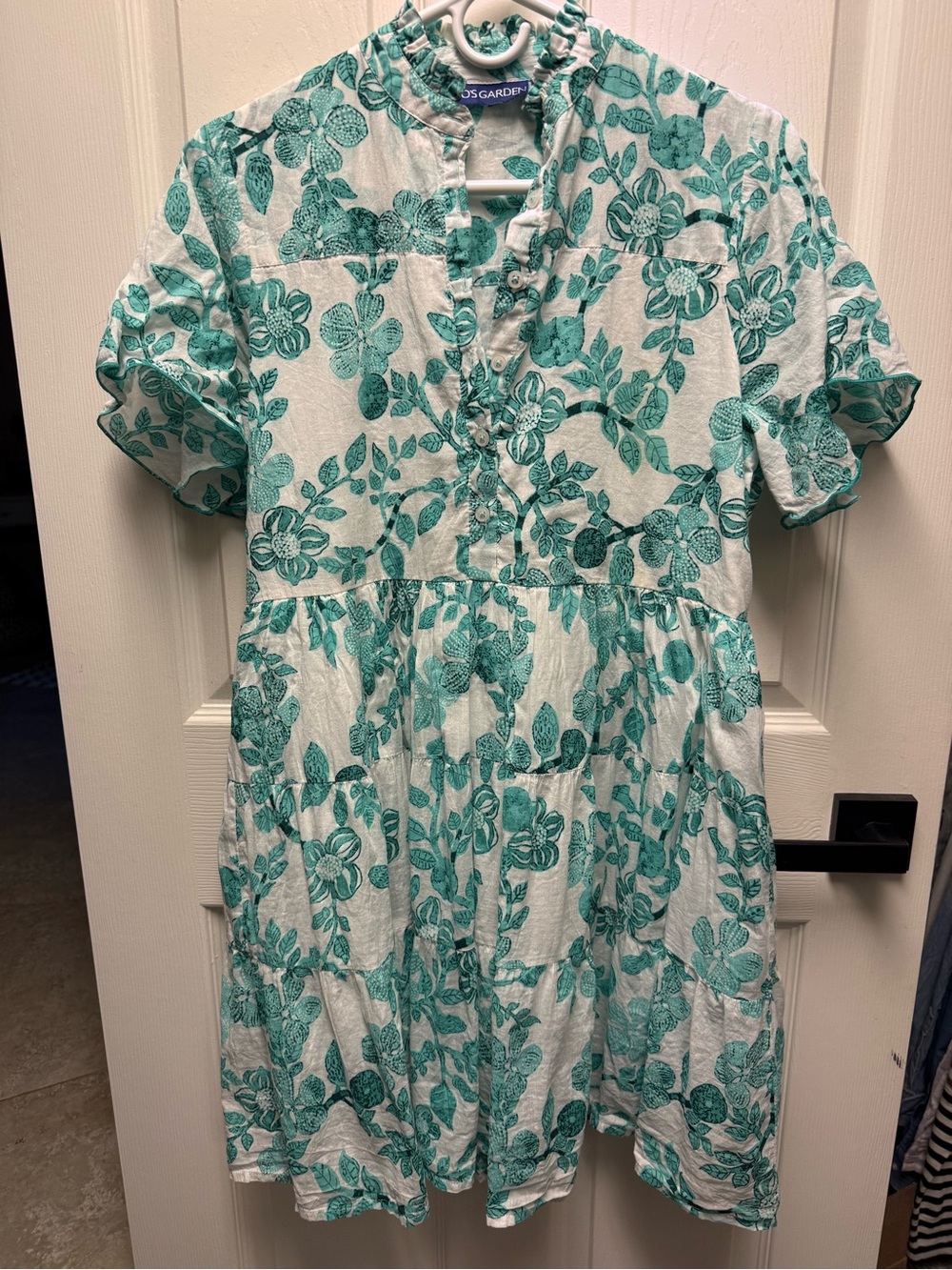 Ro’s Garden Teal Floral Midi Dress with Ruffle Neck